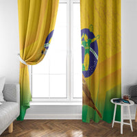 Brazil volleyball window curtain, yellow with bird and Brazil flag graphic, partly gathered at window