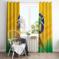 Brazil volleyball window curtain, yellow with bird and Brazil flag graphic, with visible top hooks