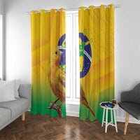 Brazil volleyball window curtain, yellow with bird and Brazil flag graphic, hanging two panels