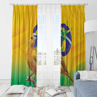 Brazil volleyball window curtain, yellow with bird and Brazil flag graphic, sheer window view