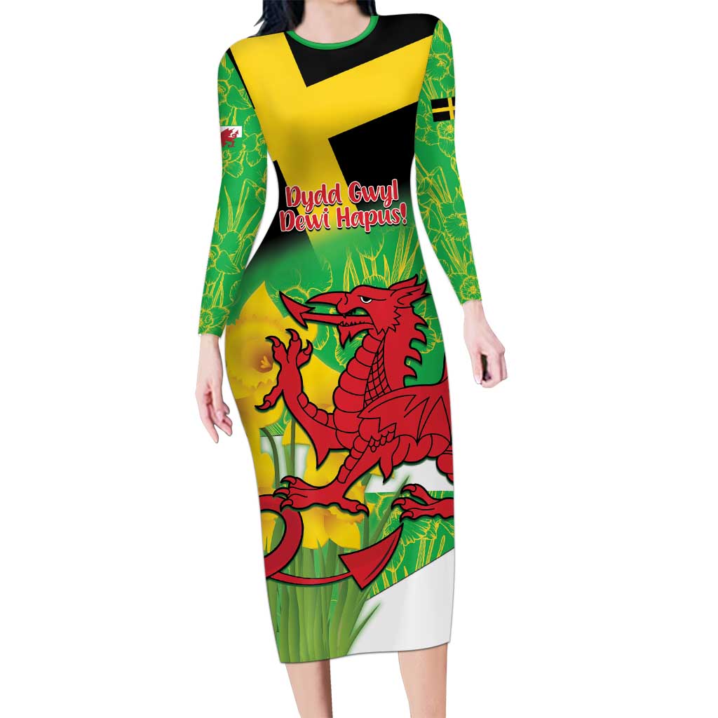 Wales Saint David's Day Long Sleeve Bodycon Dress Welsh Dragon Dydd Gwyl Dewi Hapus!