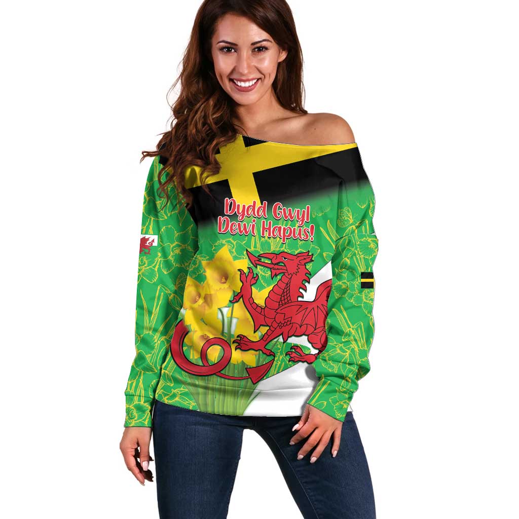 Wales Saint David's Day Off Shoulder Sweater Welsh Dragon Dydd Gwyl Dewi Hapus!