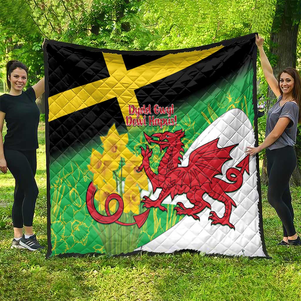 Welsh dragon quilt spread flat: green background, yellow cross, red dragon and white corner.
