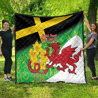 Welsh dragon quilt spread flat: green background, yellow cross, red dragon and white corner.