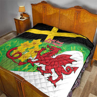 Welsh dragon St David's Day quilt on bedspread with green background and yellow cross.