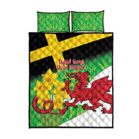 Quilt bed set flat view: red dragon on green Wales star; two pillows
