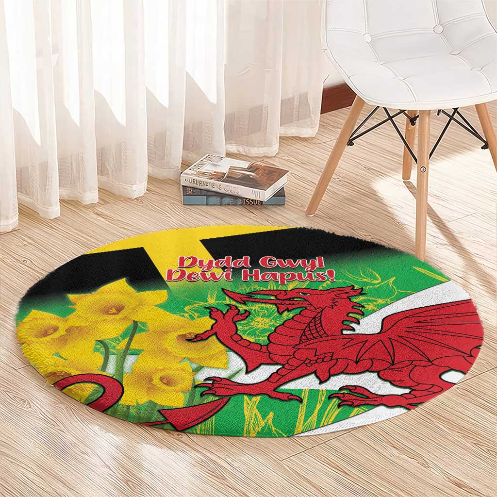 Round green rug with red dragon and yellow daffodils, black border near chair