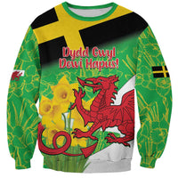 Green sweatshirt with Welsh dragon graphic and red celebratory text, black/yellow yoke