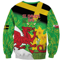 Green sweatshirt with Welsh dragon and red "St. David's Day" text, black and yellow stripes