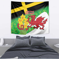 Saint David's Day tapestry featuring black-and-yellow cross, green scene, red Welsh dragon