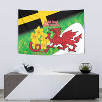Hanging Saint David's Day tapestry with yellow cross, green background, red dragon artwork