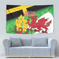 Rectangular Saint David's Day tapestry with black field, yellow cross, green foliage, red dragon