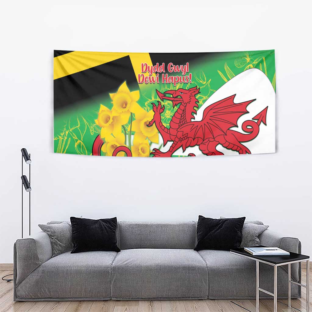Saint David's Day wall tapestry with black-and-yellow cross, green design, red dragon