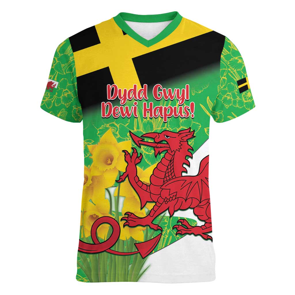 Wales Saint David's Day Women V-Neck T-Shirt Welsh Dragon Dydd Gwyl Dewi Hapus!