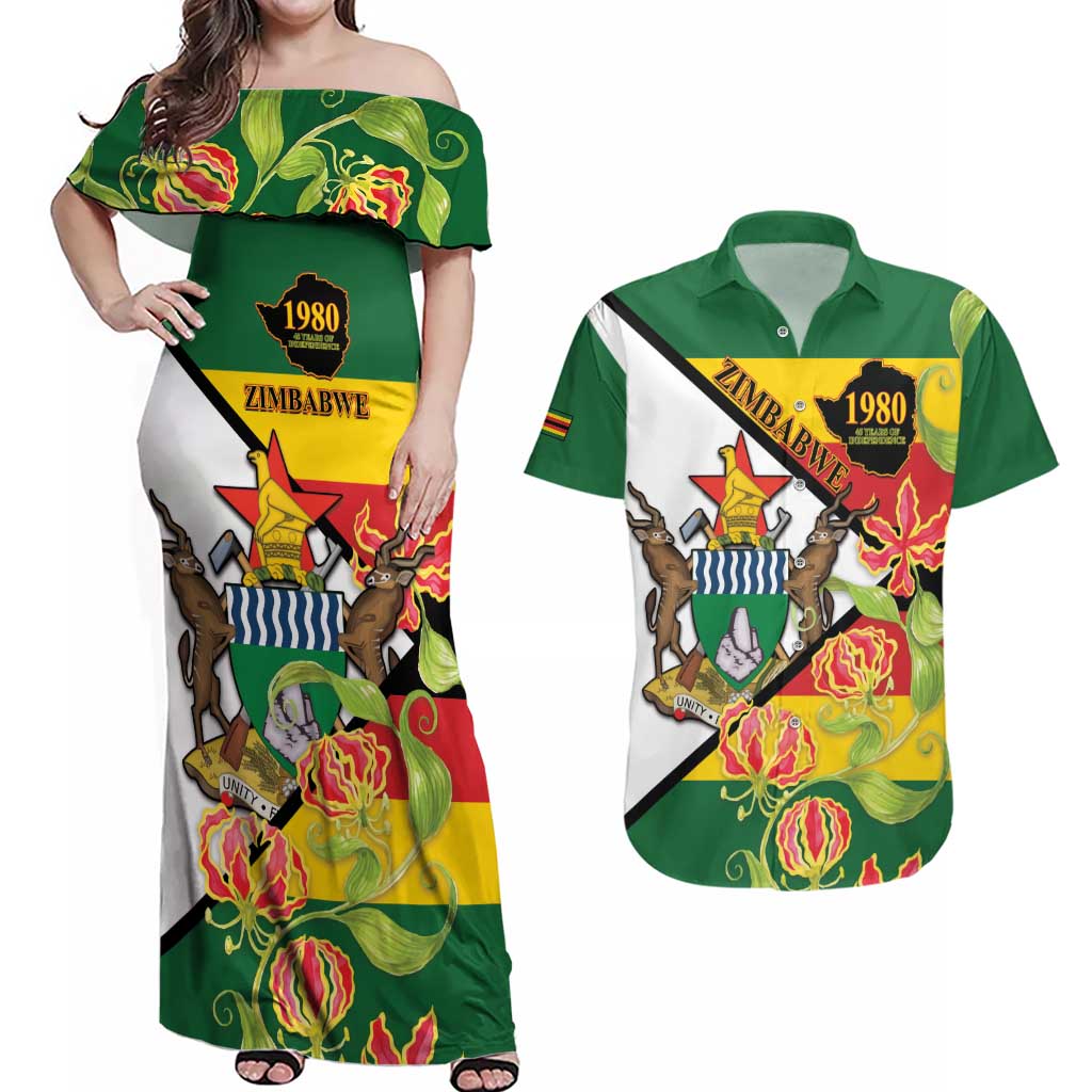 Zimbabwe Independence Day Couples Matching Off Shoulder Maxi Dress and Hawaiian Shirt Happy 45 Years Of Independence