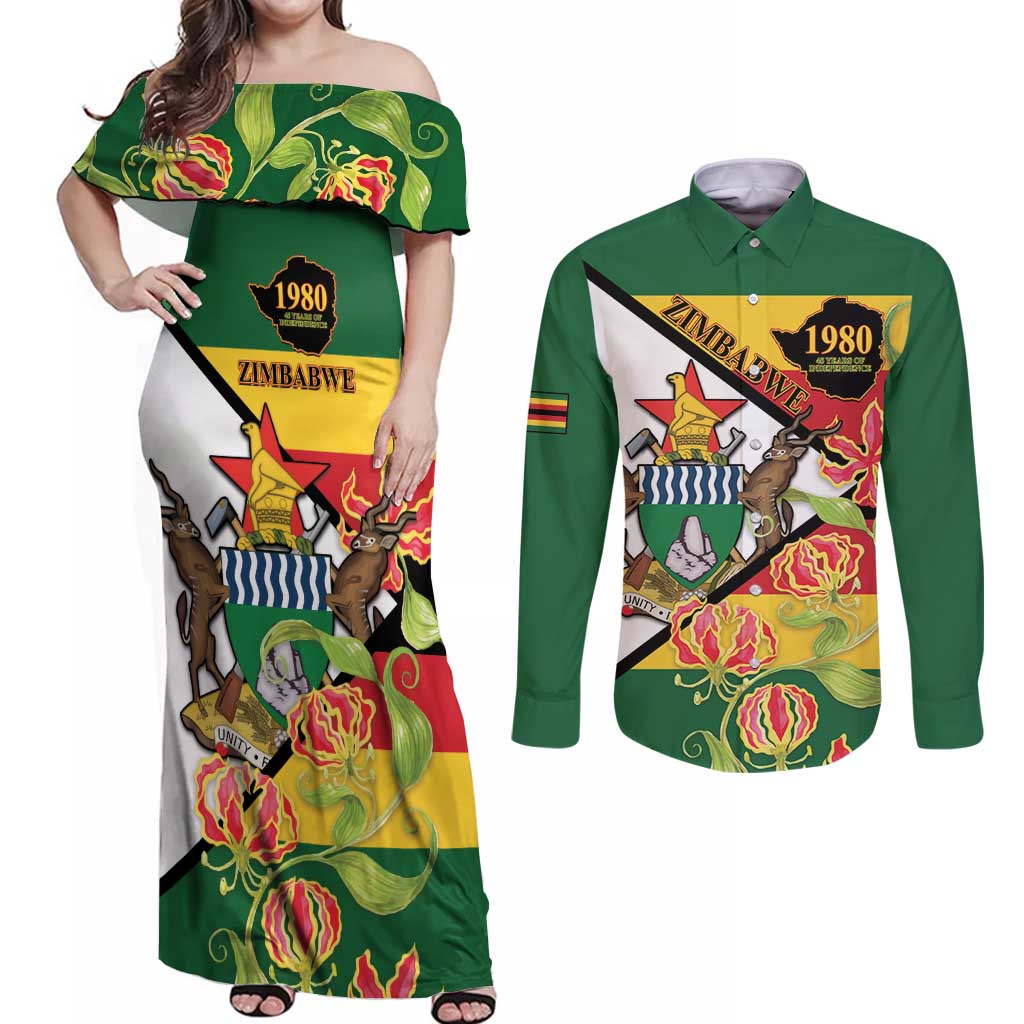 Zimbabwe Independence Day Couples Matching Off Shoulder Maxi Dress and Long Sleeve Button Shirt Happy 45 Years Of Independence