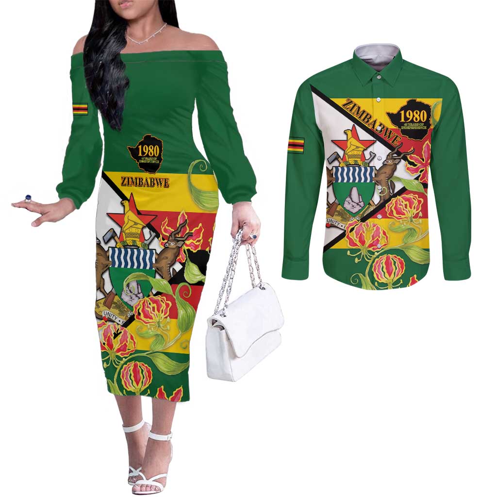 Zimbabwe Independence Day Couples Matching Off The Shoulder Long Sleeve Dress and Long Sleeve Button Shirt Happy 45 Years Of Independence