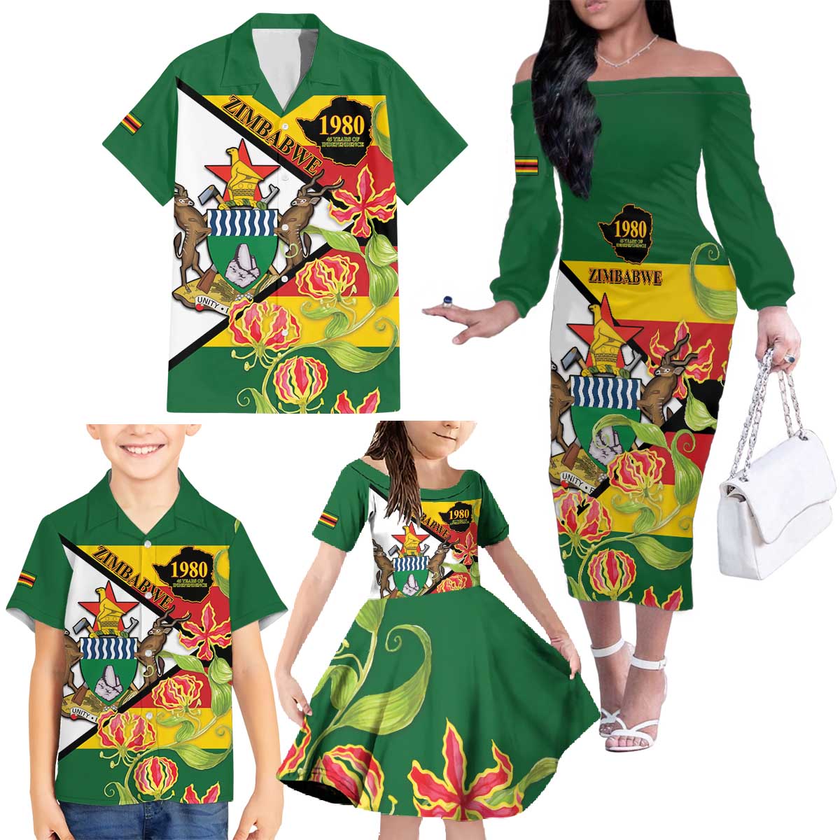 Zimbabwe Independence Day Family Matching Off The Shoulder Long Sleeve Dress and Hawaiian Shirt Happy 45 Years Of Independence