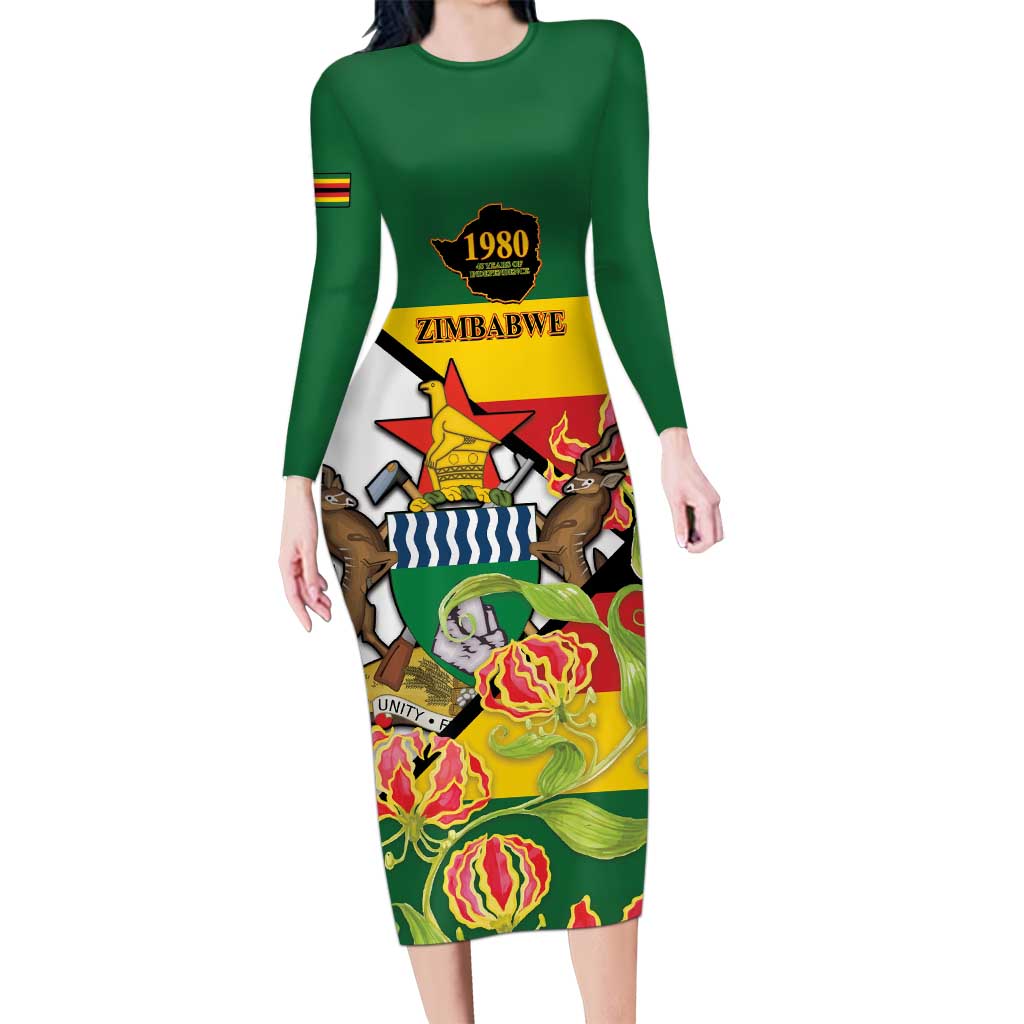 Zimbabwe Independence Day Long Sleeve Bodycon Dress Happy 45 Years Of Independence