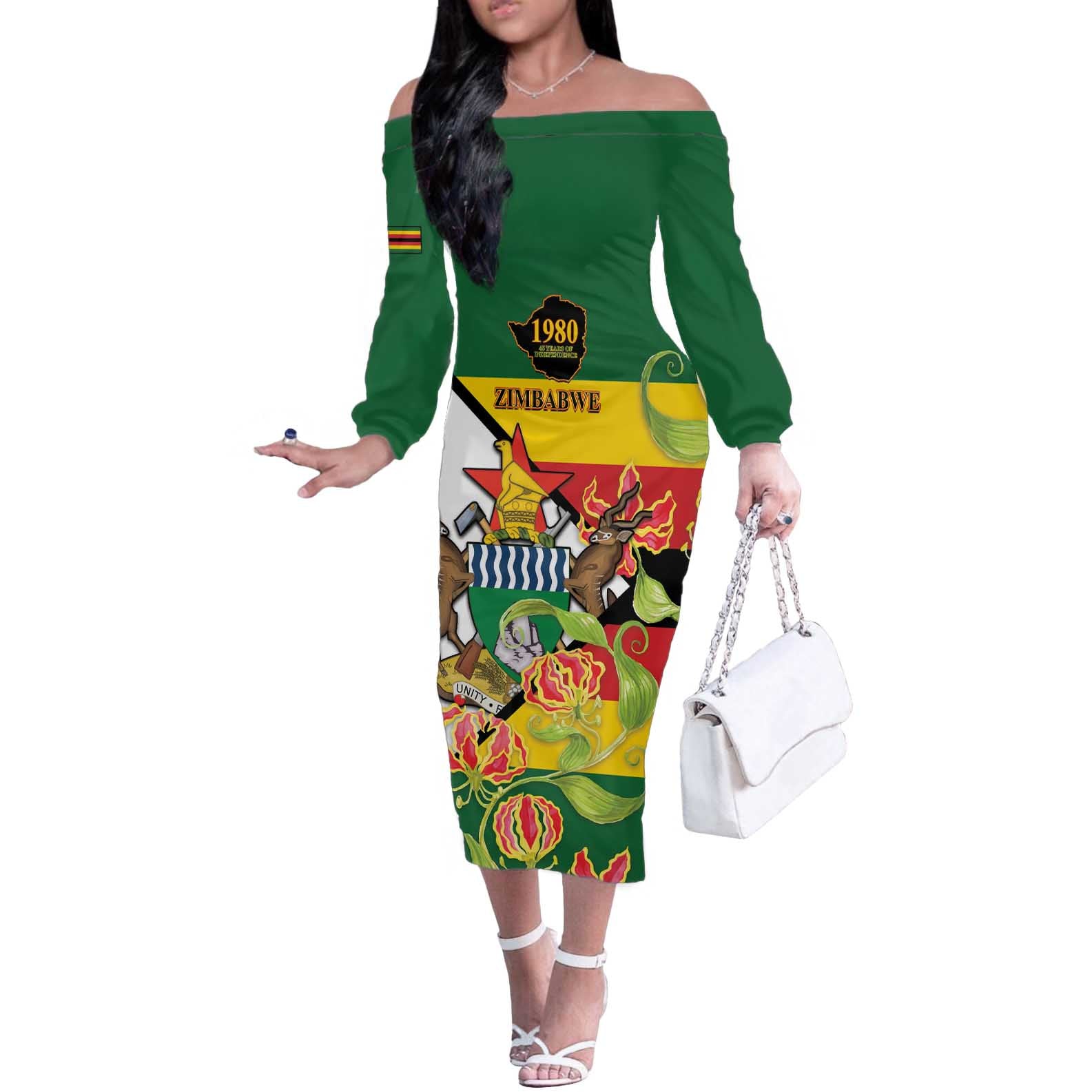 Zimbabwe Independence Day Off The Shoulder Long Sleeve Dress Happy 45 Years Of Independence