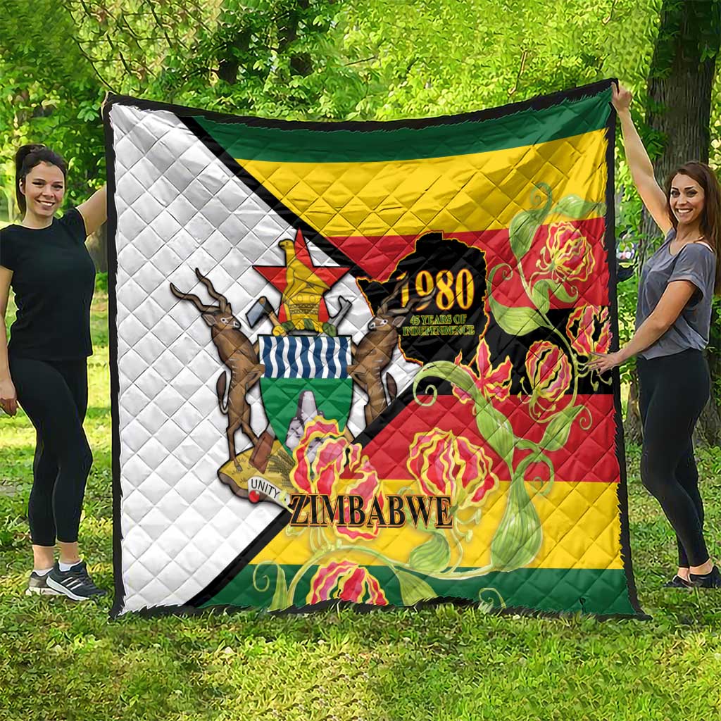 Zimbabwe independence day quilt, flag-style design with lions, 1980, and floral details