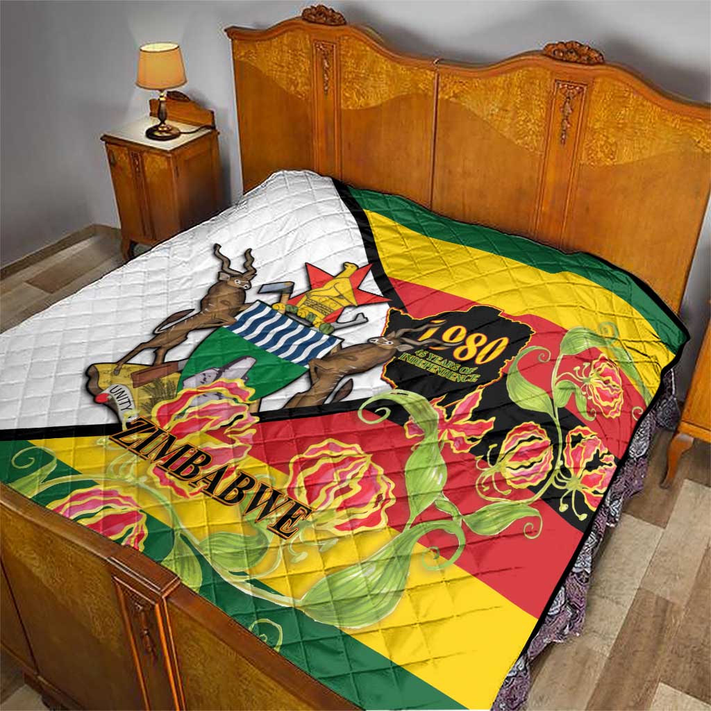 Zimbabwe independence day quilt on bed, diamond quilted surface with Zimbabwe graphic