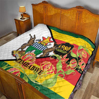 Zimbabwe independence day quilt on bed, diamond quilted surface with Zimbabwe graphic