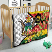 Zimbabwe independence day quilt in crib, quilted flag design with “Zimbabwe” and 1980