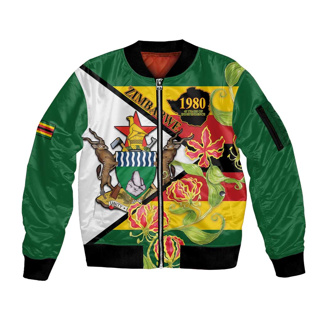 Zimbabwe Independence Day Sleeve Zip Bomber Jacket Happy 45 Years Of Independence