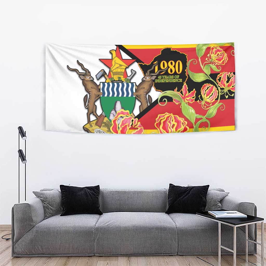 Zimbabwe independence tapestry with Zimbabwe lettering, floral roses, bold green-yellow-red blocks
