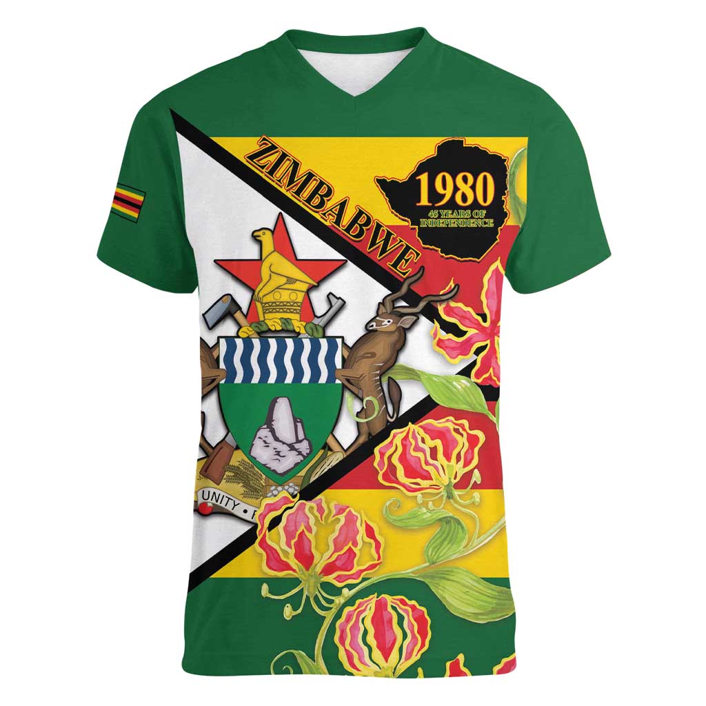 Zimbabwe Independence Day Women V-Neck T-Shirt Happy 45 Years Of Independence