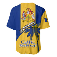 Blue and yellow baseball jersey back with crest emblem and Celtic Festival text