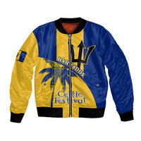 Blue and yellow bomber jacket with front zipper, ribbed collar and cuffs, graphic print.