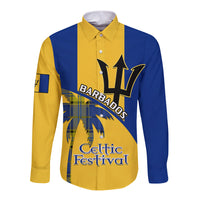 Blue and yellow long-sleeve button shirt with tartan graphic and Celtic Festival text