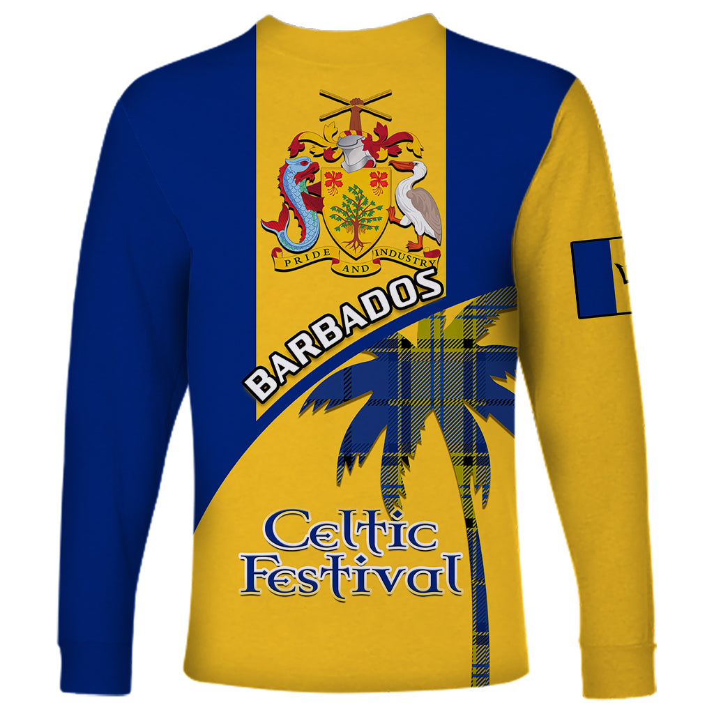 Unisex long sleeve shirt, blue/yellow color block, crest and Barbados Celtic Festival graphic