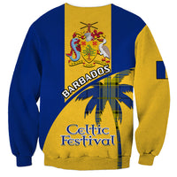 Two-tone blue and gold sweatshirt with crest, Barbados text, and Celtic Festival graphic