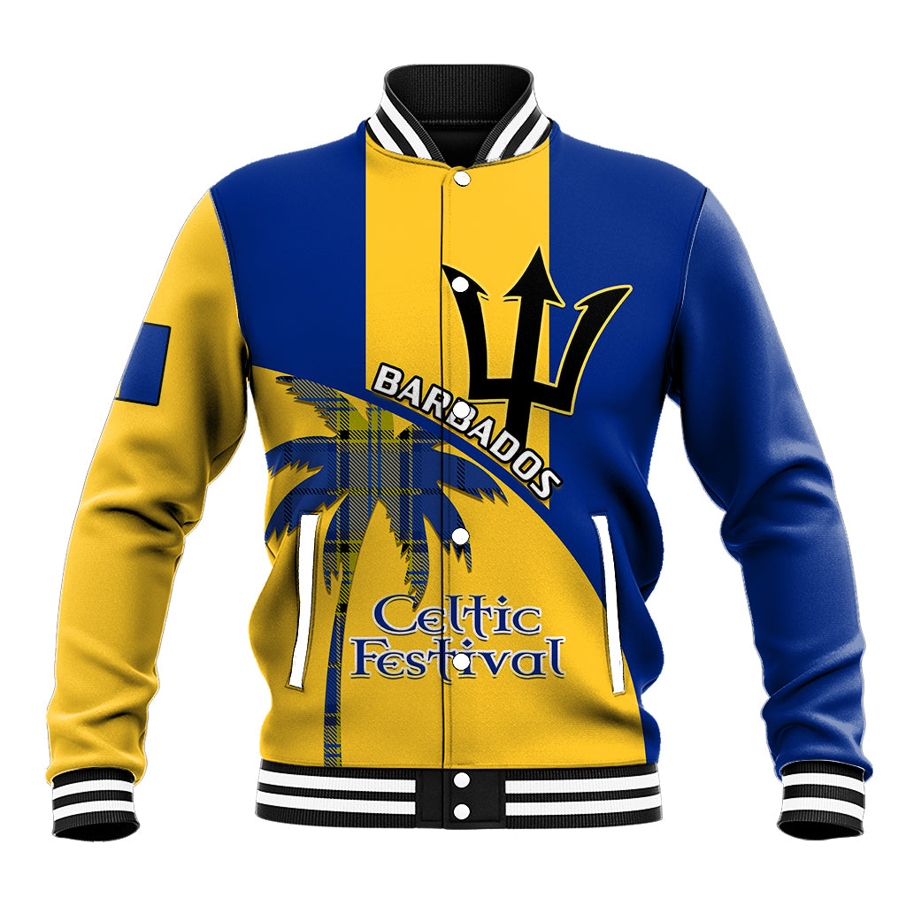 Blue and yellow baseball jacket with varsity striped collar, front patch and button placket