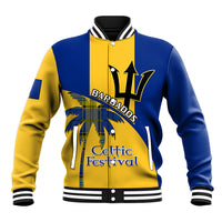 Blue and yellow baseball jacket with varsity striped collar, front patch and button placket
