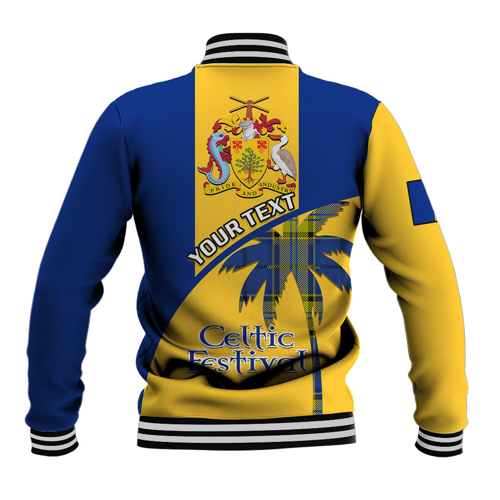 Back of blue and yellow baseball jacket with striped ribbed hem and crest graphic