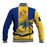 Back of blue and yellow baseball jacket with striped ribbed hem and crest graphic