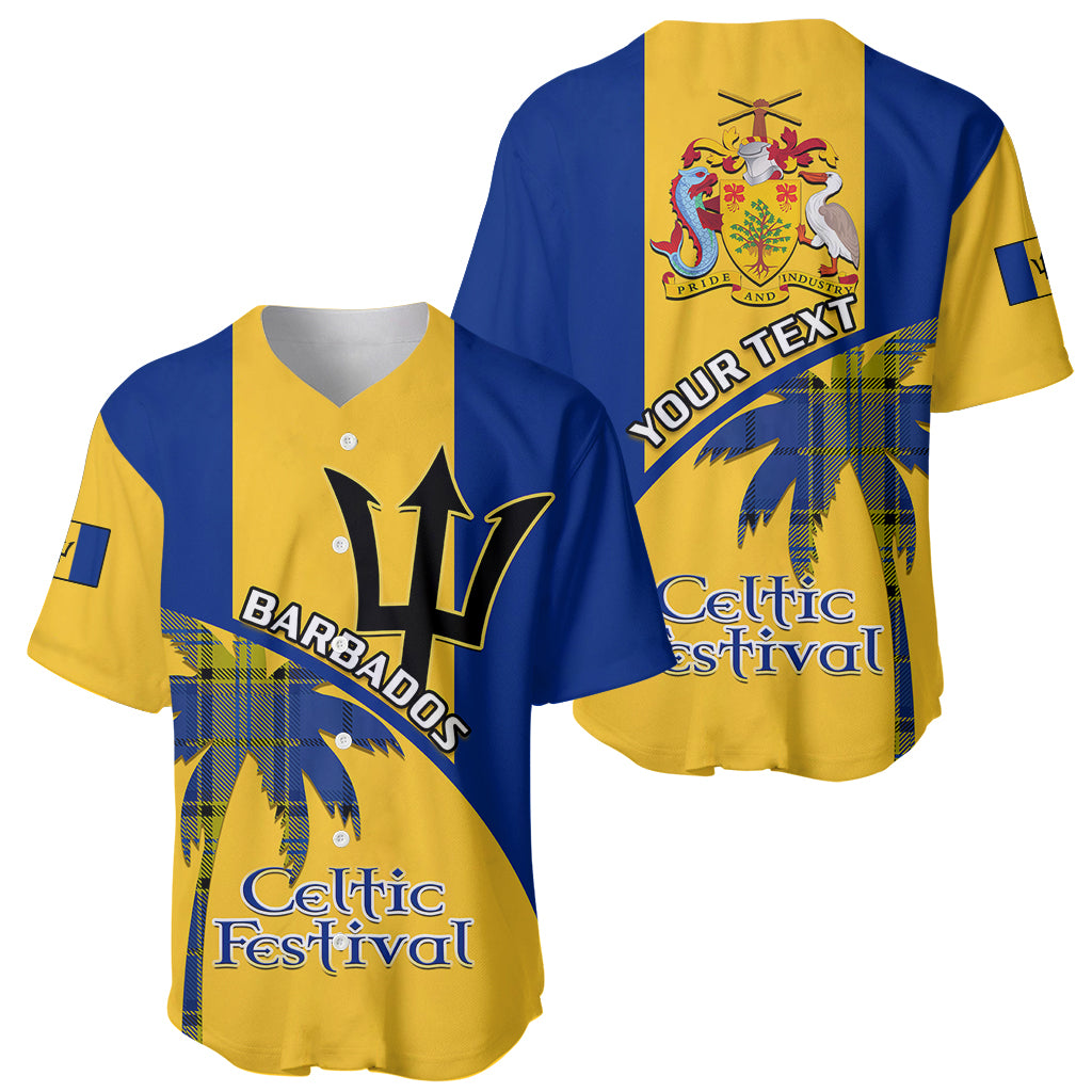Yellow and blue baseball jersey with Barbados front and back crest, Celtic Festival