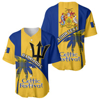 Yellow and blue baseball jersey with Barbados front and back crest, Celtic Festival