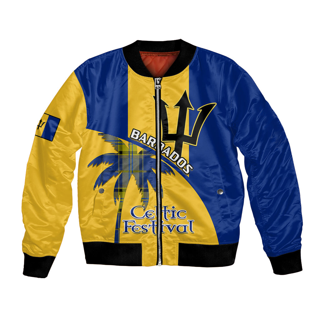 Blue and yellow bomber jacket with front zipper, black ribbed trim, palm tree graphic.