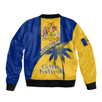 Blue and yellow bomber jacket with black ribbed trim, Your Text and Celtic Festival print.