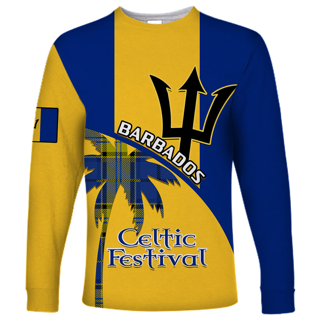 Long-sleeve shirt with blue sleeves and yellow front panel, Celtic Festival graphic