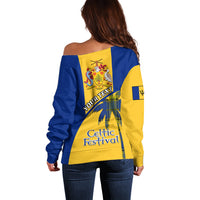 Women’s off-shoulder sweater, blue and yellow panel back graphic print
