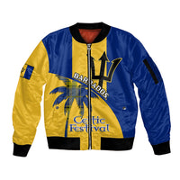 Unisex zip-front bomber jacket, blue and yellow panels, ribbed collar and cuffs