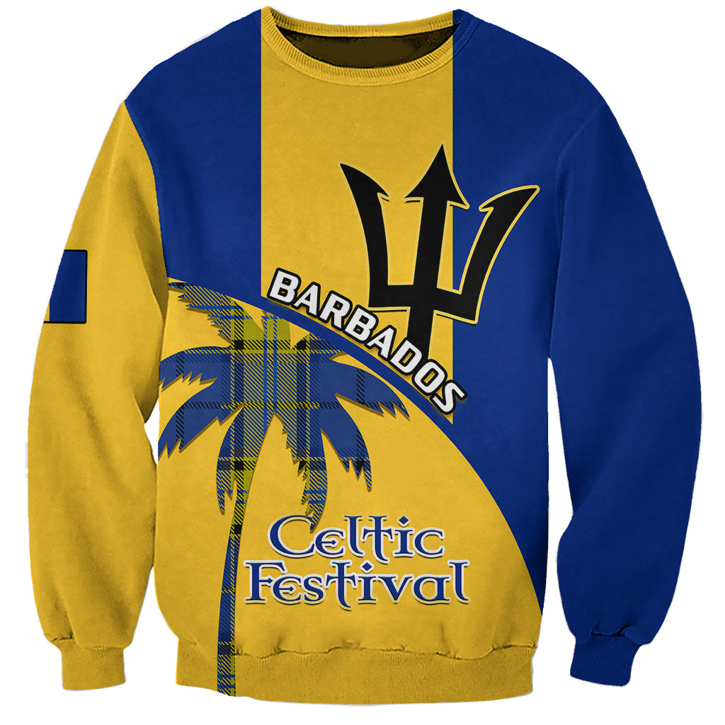 Color-block sweatshirt in royal blue and gold with Barbados and Celtic Festival graphic