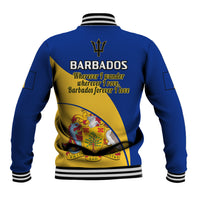 Unisex blue baseball jacket with striped ribbed hem, yellow back print and Barbados text