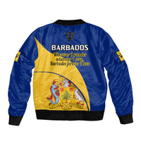 Blue bomber jacket back with Barbados text and coat-of-arms, yellow lower panel